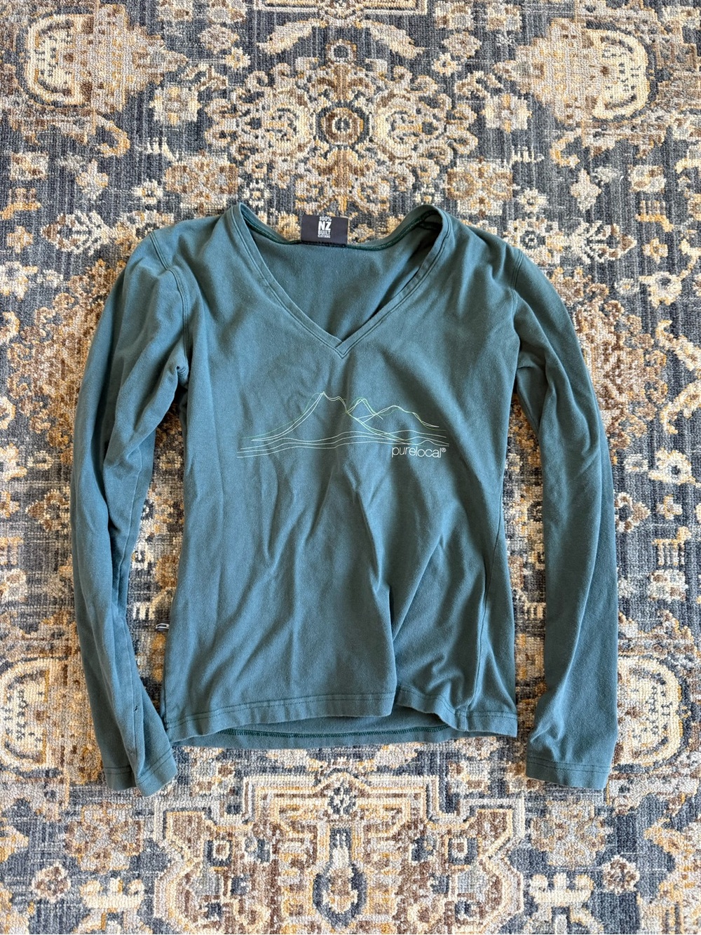 Pure Local 100% NZ Built Long Sleeve V-Neck Mountain Graphic Top in Teal Green